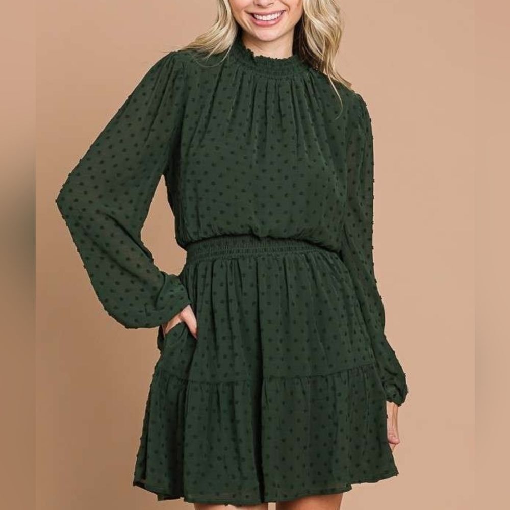 Women's Cute Casual Swiss Dot Smock Neck Mini Dress Pockets Green Md
